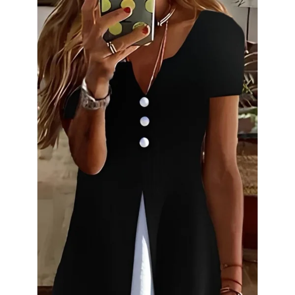 Kadın Kısa Kollu V Yakalı önden Düğmeli çift Renkli Viskon Elbise