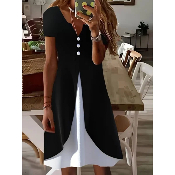 Kadın Kısa Kollu V Yakalı önden Düğmeli çift Renkli Viskon Elbise