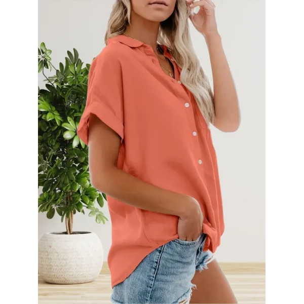 Kadın Kısa Kollu V Yakalı önden Düğmeli Dokuma Gömlek