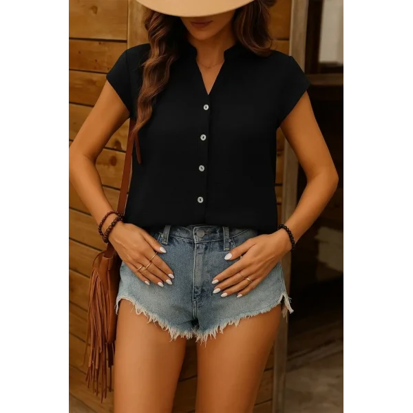 Kadın Kısa Kollu V Yakalı önden Düğmeli Müslim Gömlek