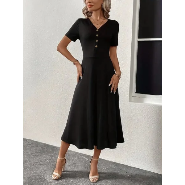 Kadın Kısa Kollu V Yakalı önden Düğmeli Yırtmaçlı Midi Viskon Elbise