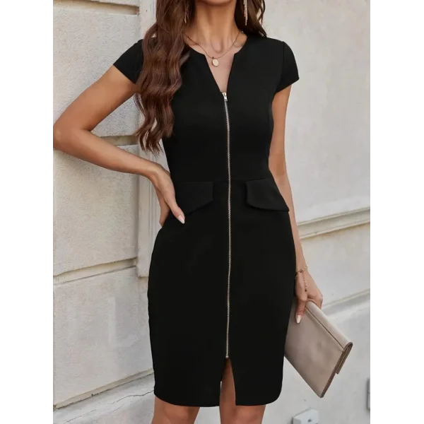 Kadın Kısa Kollu V Yakalı önden Fermuarlı Kısa Ithal Krep Elbise