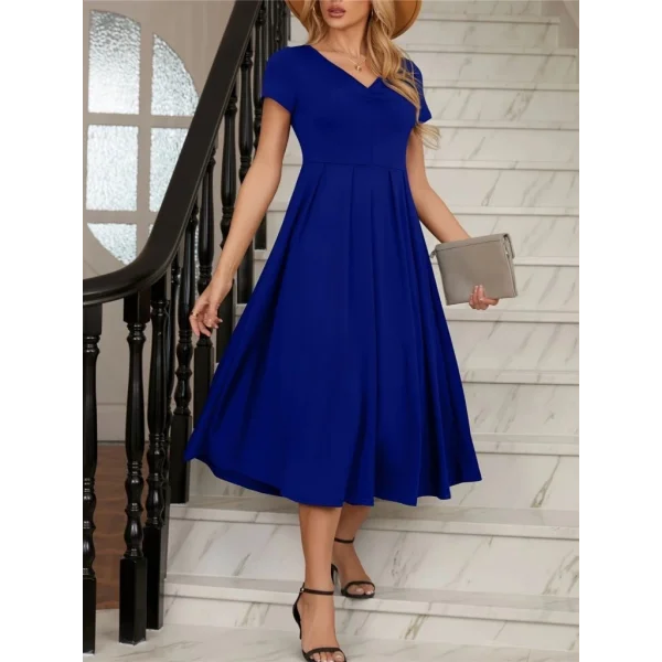 Kadın Kısa Kollu V Yakalı önden Pileli Midi Janjan Krep Elbise