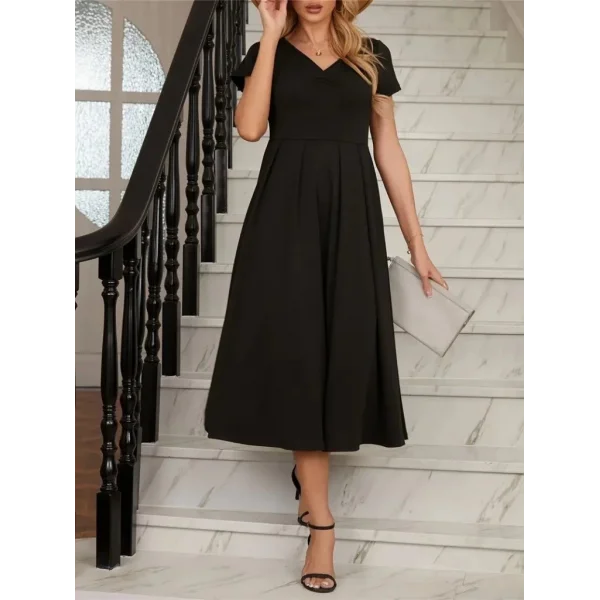 Kadın Kısa Kollu V Yakalı önden Pileli Midi Janjan Krep Elbise