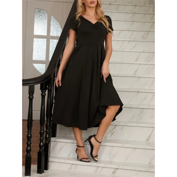 Kadın Kısa Kollu V Yakalı önden Pileli Midi Janjan Krep Elbise