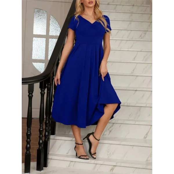 Kadın Kısa Kollu V Yakalı önden Pileli Midi Janjan Krep Elbise