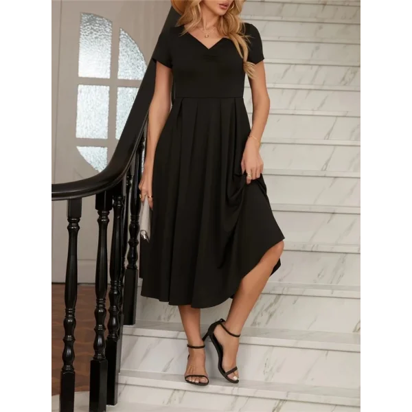 Kadın Kısa Kollu V Yakalı önden Pileli Midi Janjan Krep Elbise