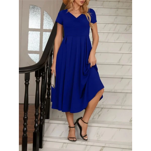 Kadın Kısa Kollu V Yakalı önden Pileli Midi Janjan Krep Elbise