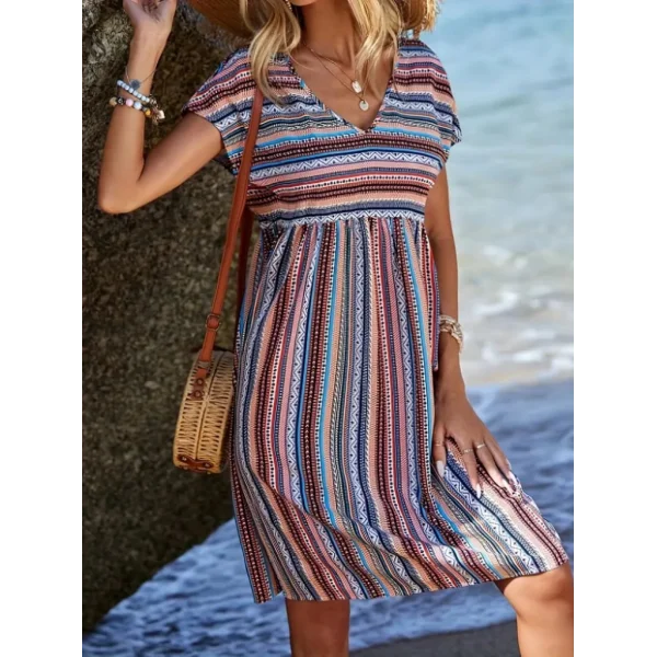 Kadın Kısa Kollu V Yakalı Pile Detay Keten Elbise