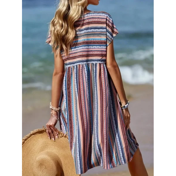 Kadın Kısa Kollu V Yakalı Pile Detay Keten Elbise