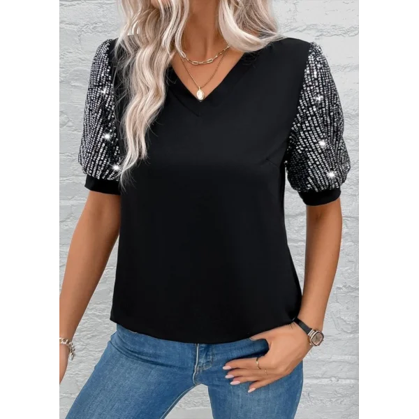 Kadın Kısa Kollu V Yakalı Pul Payet Detaylı Viskon Bluz