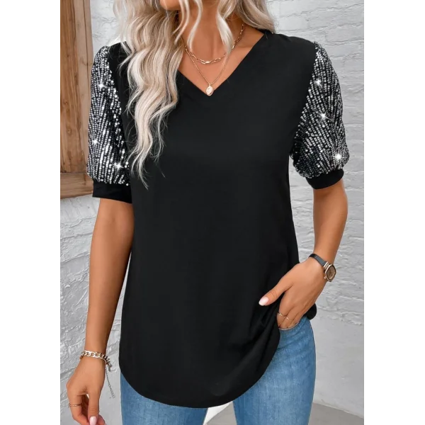 Kadın Kısa Kollu V Yakalı Pul Payet Detaylı Viskon Bluz