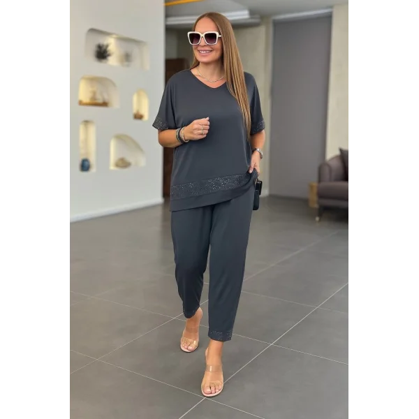 Kadın Kısa Kollu V Yakalı Pul Payetli Viskon Iki Iplik Bluz Ve Pantolon Ikili Takım