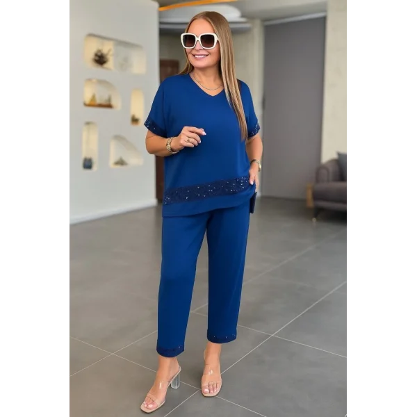 Kadın Kısa Kollu V Yakalı Pul Payetli Viskon Iki Iplik Bluz Ve Pantolon Ikili Takım