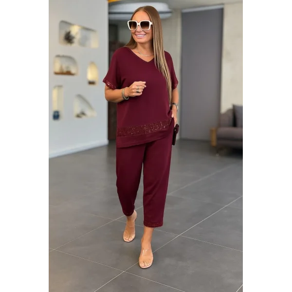 Kadın Kısa Kollu V Yakalı Pul Payetli Viskon Iki Iplik Bluz Ve Pantolon Ikili Takım