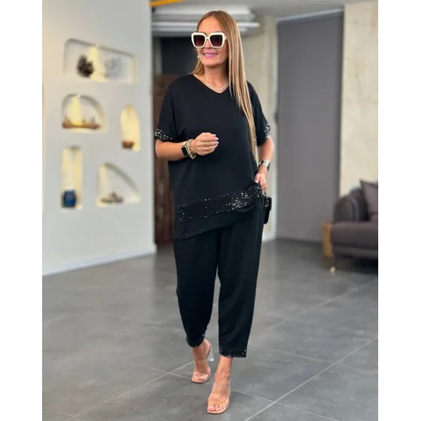 Kadın Kısa Kollu V Yakalı Pul Payetli Viskon Iki Iplik Bluz Ve Pantolon Ikili Takım