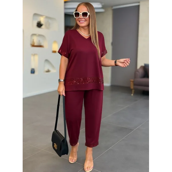 Kadın Kısa Kollu V Yakalı Pul Payetli Viskon Iki Iplik Bluz Ve Pantolon Ikili Takım