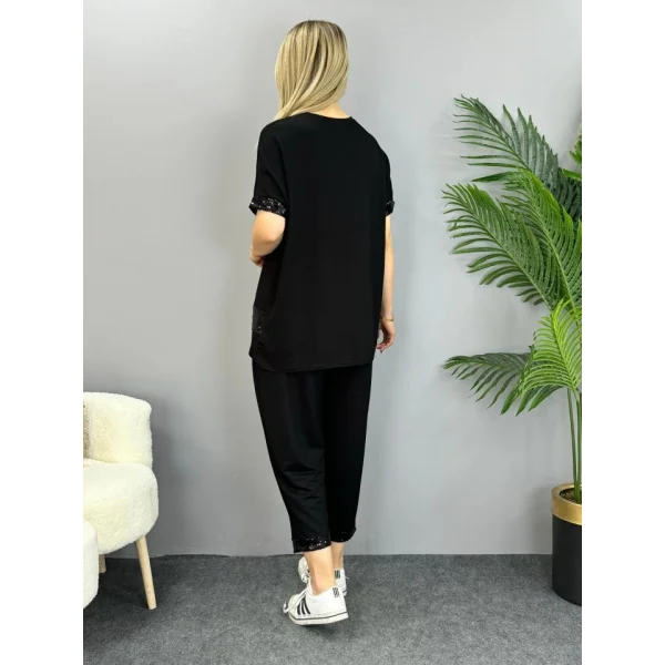 Kadın Kısa Kollu V Yakalı Pul Payetli Viskon Iki Iplik Bluz Ve Pantolon Ikili Takım