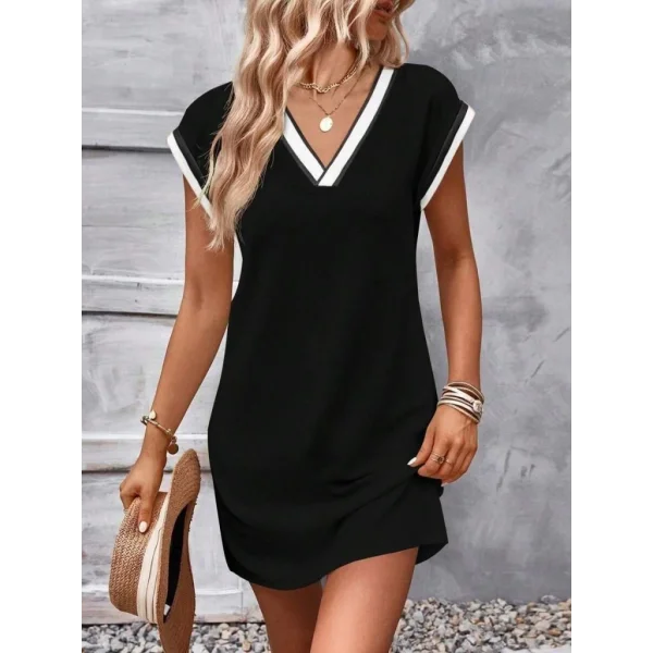 Kadın Kısa Kollu V Yakalı Ribanalı Modal Mini Elbise