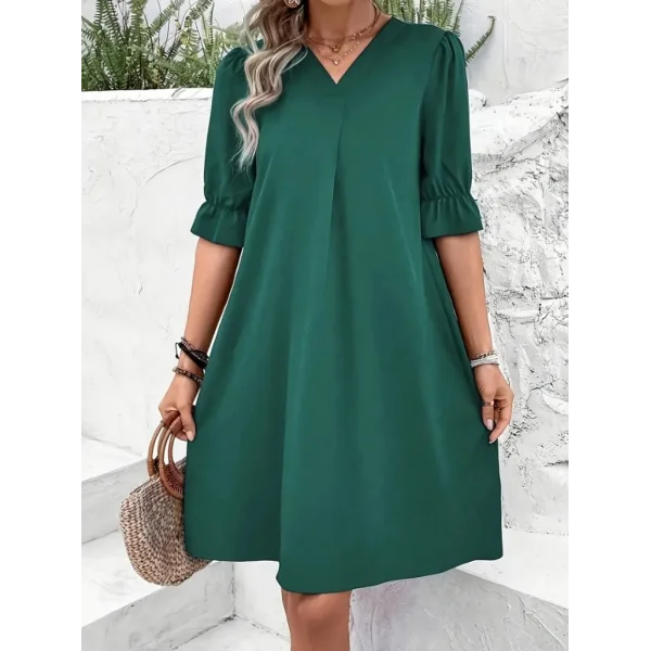 Kadın Kısa Kollu V Yakalı Salaş Janjan Krep Elbise