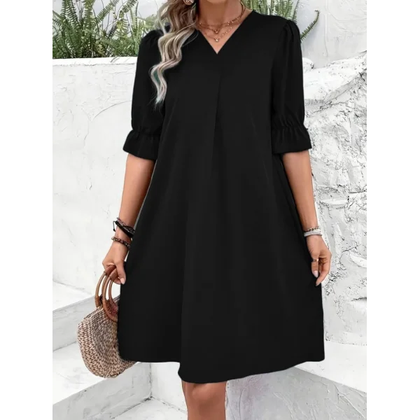 Kadın Kısa Kollu V Yakalı Salaş Janjan Krep Elbise