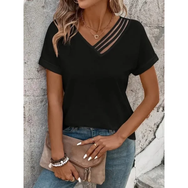 Kadın Kısa Kollu V Yakalı şerit Detaylı Viskon Bluz