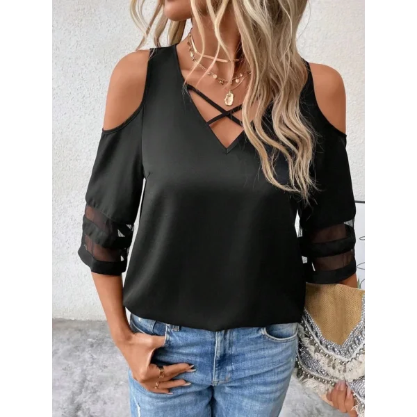Kadın Kısa Kollu V Yakalı Soğuk Omuz Kolda Ip Detaylı Kolda şifon Tül Detaylı Janjan Krep Bluz