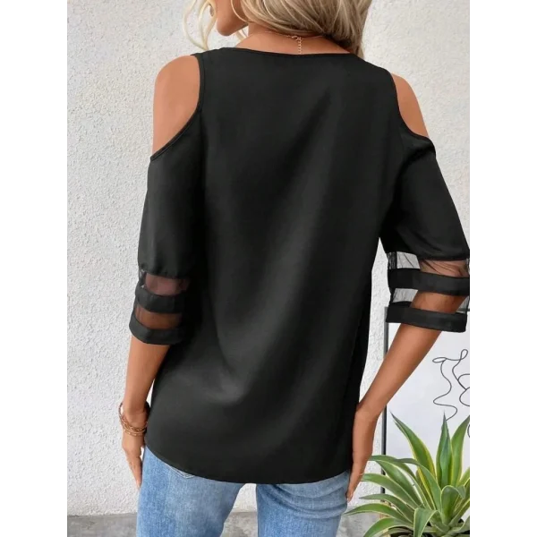 Kadın Kısa Kollu V Yakalı Soğuk Omuz Kolda Ip Detaylı Kolda şifon Tül Detaylı Janjan Krep Bluz
