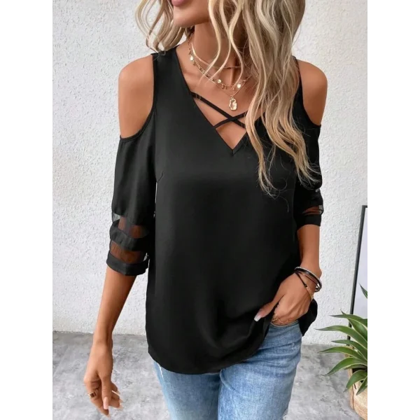 Kadın Kısa Kollu V Yakalı Soğuk Omuz Kolda Ip Detaylı Kolda şifon Tül Detaylı Janjan Krep Bluz