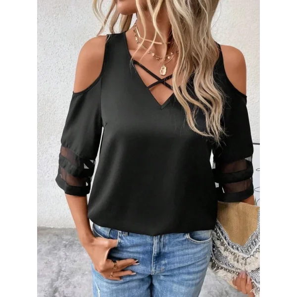 Kadın Kısa Kollu V Yakalı Soğuk Omuz Kolda Ip Detaylı Kolda şifon Tül Detaylı Janjan Krep Bluz