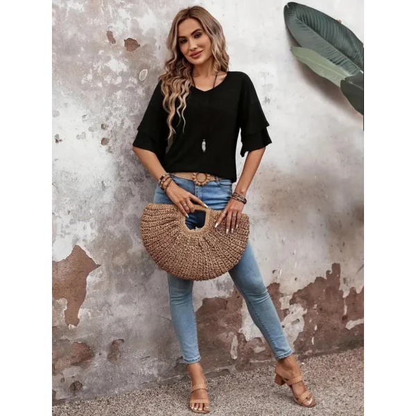 Kadın Kısa Kollu V Yakalı Viskon Bluz