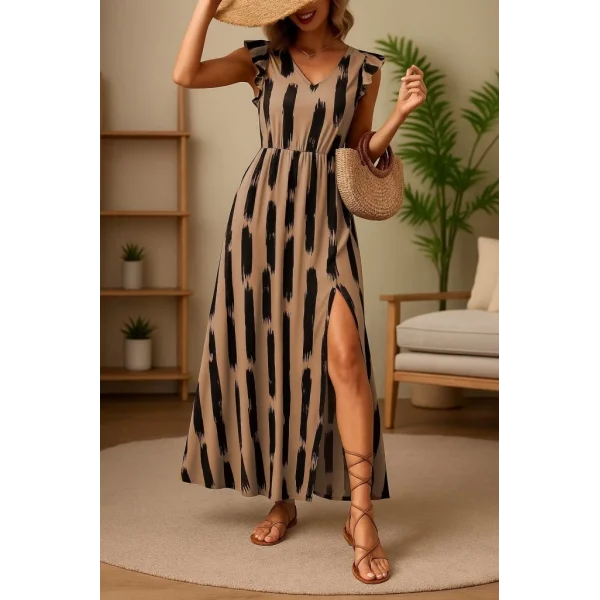 Kadın Kısa Kollu V Yakalı Yırtmaçlı çiçek Desenli Süprem Elbise