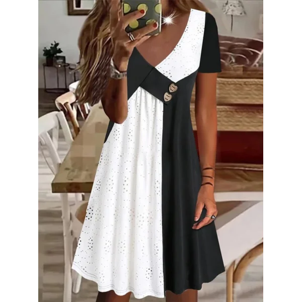 Kadın Kısa Kollu V Yakalı Zıt Renkli Brode Artı Viskon Elbise