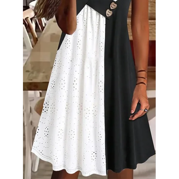 Kadın Kısa Kollu V Yakalı Zıt Renkli Brode Artı Viskon Elbise