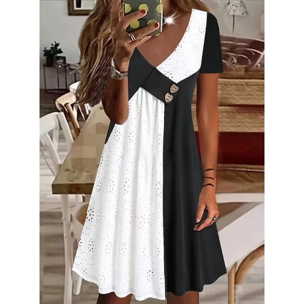 Kadın Kısa Kollu V Yakalı Zıt Renkli Brode Artı Viskon Elbise