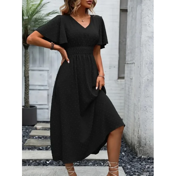 Kadın Kısa Kollu Volanlı Kol Beli Gipeli Jakarlı Vual Midi Boy Elbise