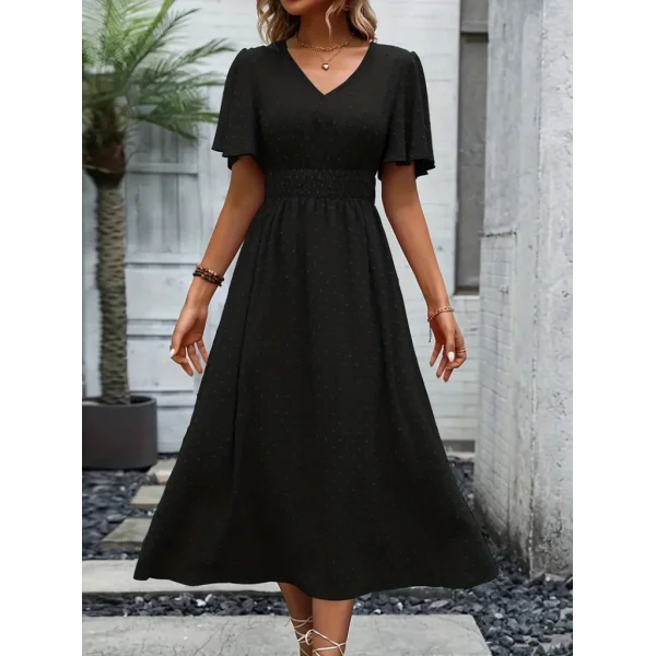 Kadın Kısa Kollu Volanlı Kol Beli Gipeli Jakarlı Vual Midi Boy Elbise