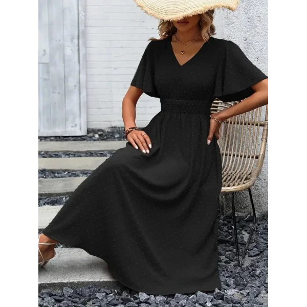 Kadın Kısa Kollu Volanlı Kol Beli Gipeli Jakarlı Vual Midi Boy Elbise