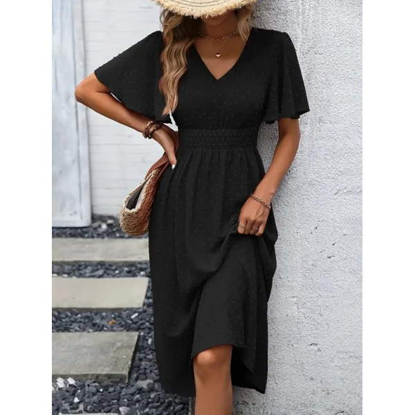 Kadın Kısa Kollu Volanlı Kol Beli Gipeli Jakarlı Vual Midi Boy Elbise