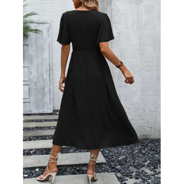 Kadın Kısa Kollu Volanlı Kol Beli Gipeli Jakarlı Vual Midi Boy Elbise