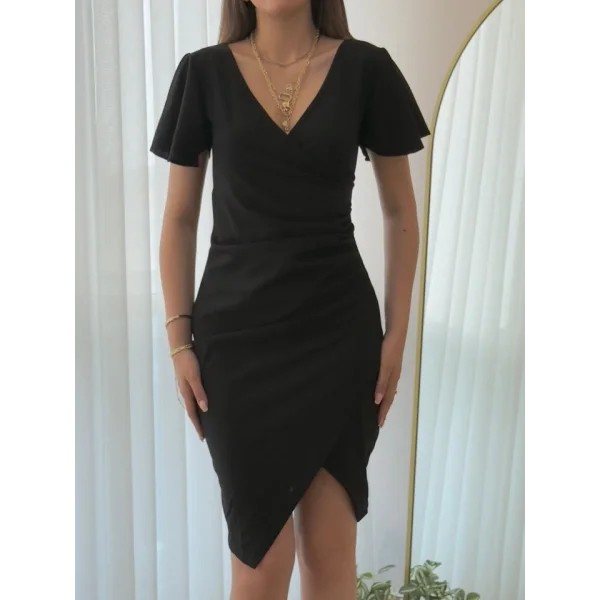 Kadın Kısa Kollu Volanlı Kruvaze Yaka Yanlardan Büzgülü Ithal Krep Elbise