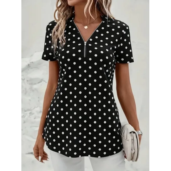 Kadın Kısa Kollu Yakadan Fermuarlı Puantiyeli Uzun Dokuma Viskon Bluz