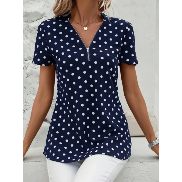 Kadın Kısa Kollu Yakadan Fermuarlı Puantiyeli Uzun Dokuma Viskon Bluz