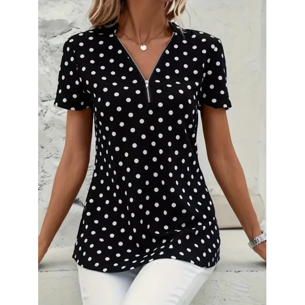 Kadın Kısa Kollu Yakadan Fermuarlı Puantiyeli Uzun Dokuma Viskon Bluz