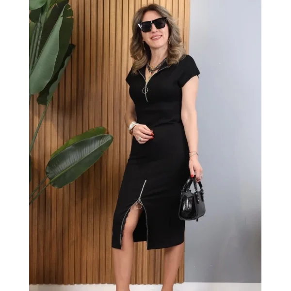 Kadın Kısa Kollu Yakadan Ve Eteği Fermuarlı Viskon Iki Iplik Midi Elbise