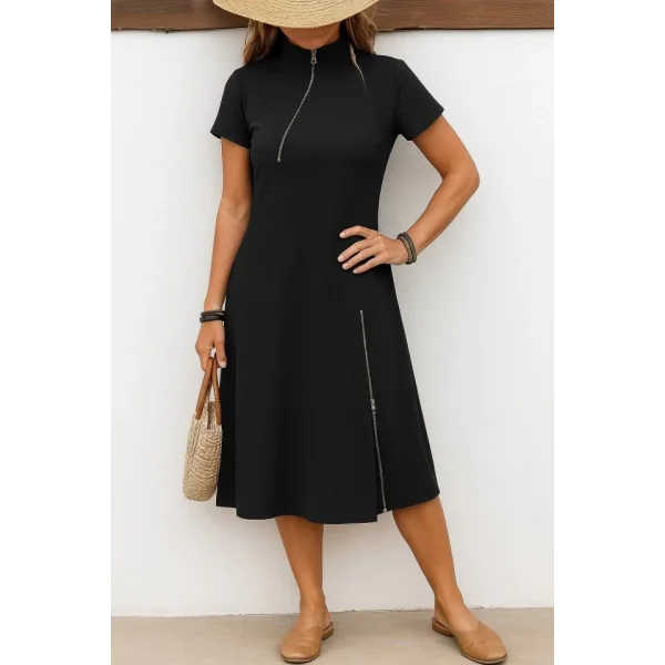 Kadın Kısa Kollu Yakadan Ve Etekten Fermuarlı Midi Viskon Iki Iplik Elbise