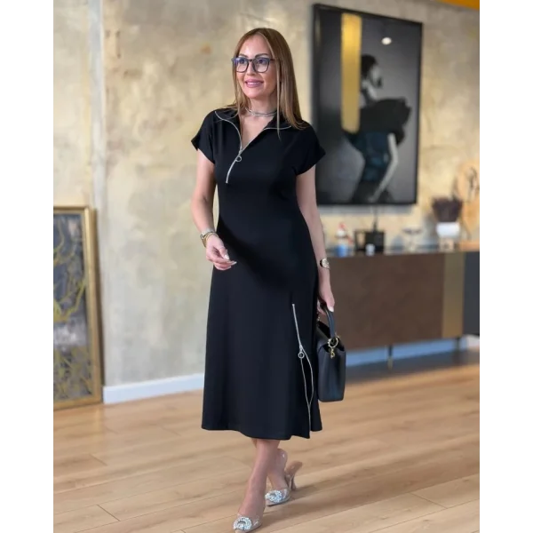 Kadın Kısa Kollu Yakadan Ve Etekten Fermuarlı Midi Viskon Iki Iplik Elbise