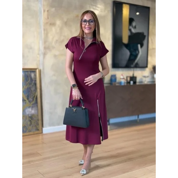 Kadın Kısa Kollu Yakadan Ve Etekten Fermuarlı Midi Viskon Iki Iplik Elbise