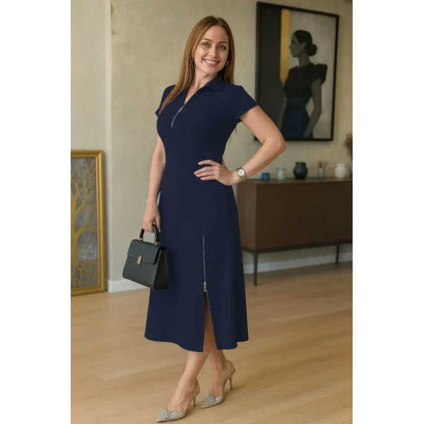 Kadın Kısa Kollu Yakadan Ve Etekten Fermuarlı Midi Viskon Iki Iplik Elbise
