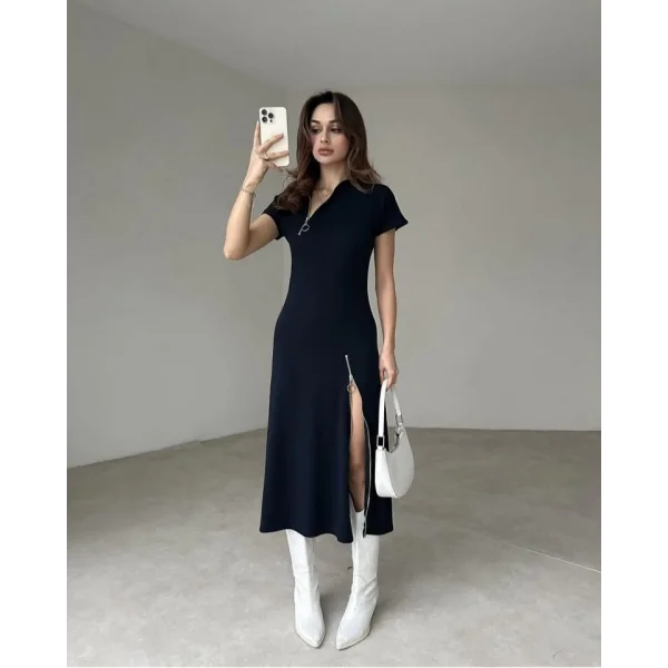 Kadın Kısa Kollu Yakadan Ve Etekten Fermuarlı Midi Viskon Iki Iplik Elbise
